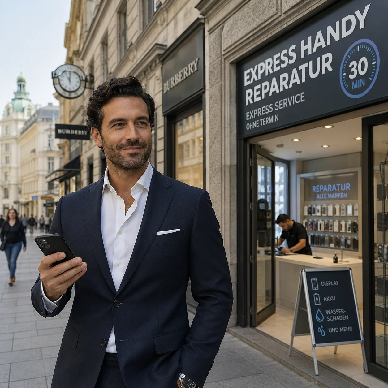 Zufriedener Kunde vor einem verifizierten PALcito Partner-Reparaturshop in Wien