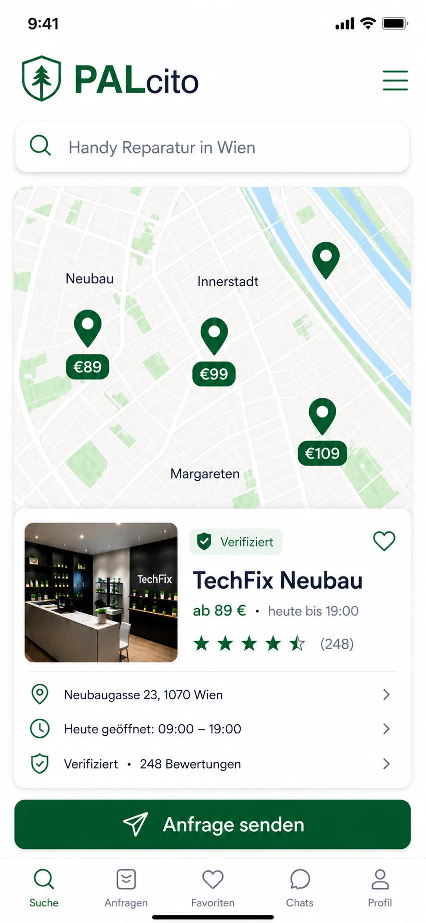 PALcito App — Reparaturshops auf der Karte mit Fixpreis