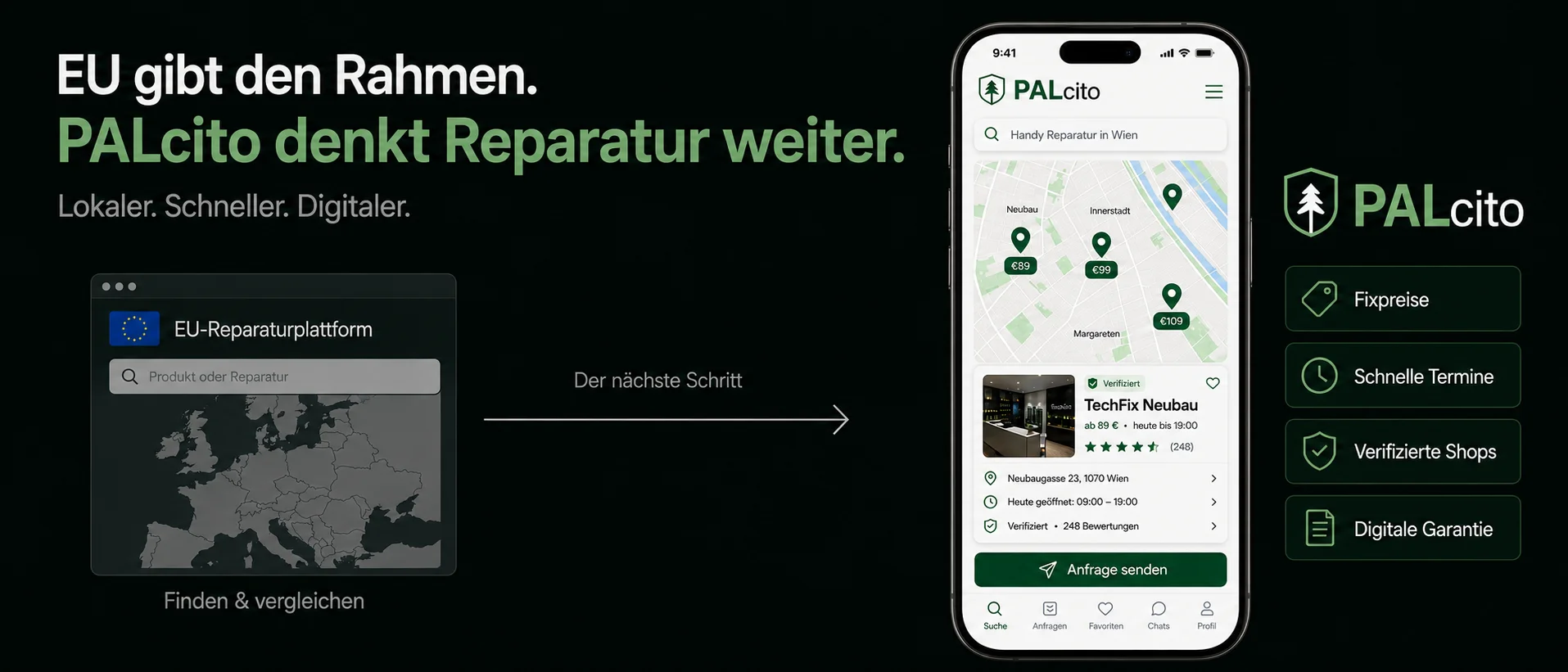 Vom EU-Reparaturverzeichnis zum Marktplatz: links die europäische Suchmaske, rechts eine Produktvorschau der PALcito-App mit Wiener Bezirkskarte, Fixpreisen, verifizierten Shops und digitaler Garantie — Darstellung mit Beispieldaten
